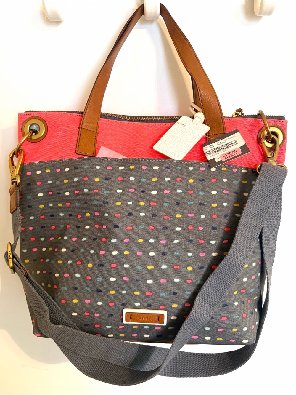 Fossil Canvas Tote Bag Pink Gray Polka Dot Crossbody Purse NWT